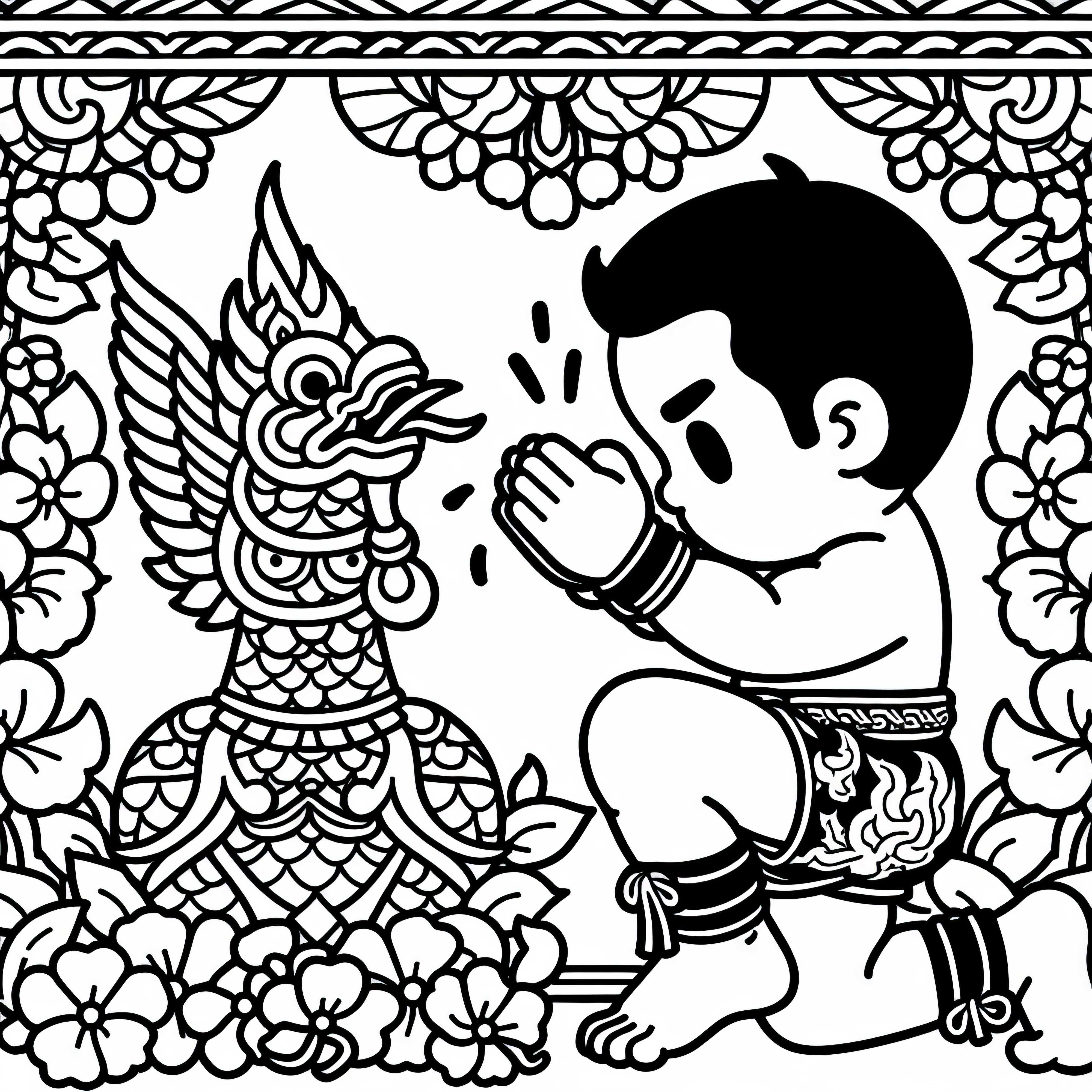 Atleta de Muay Thai realiza cerimônia tradicional Wai Kru antes da luta - Modelo para colorir grátis