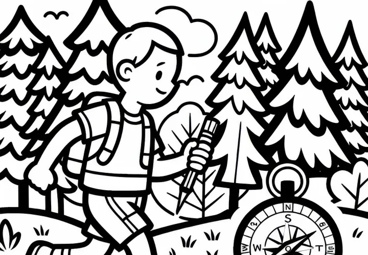 Orienteering runner runs through the forest – Free coloring page