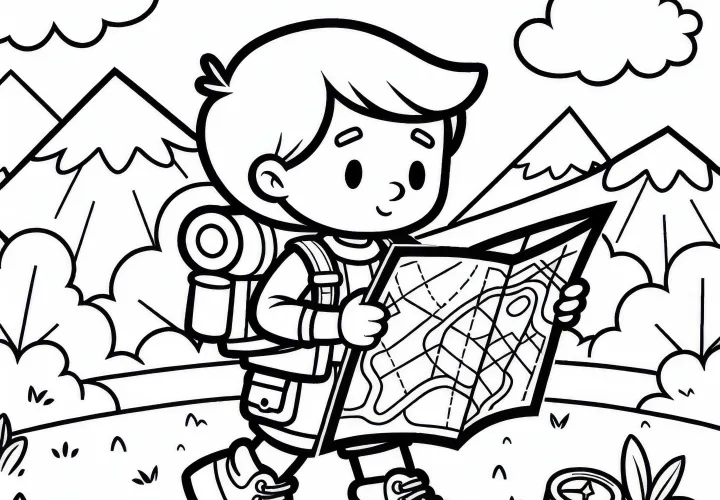 The orienteer studies the map and looks for the next control point - free coloring page