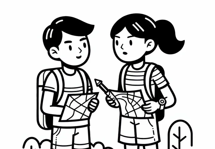 Two orientation and runners exchange ideas about the best route – coloring template for free