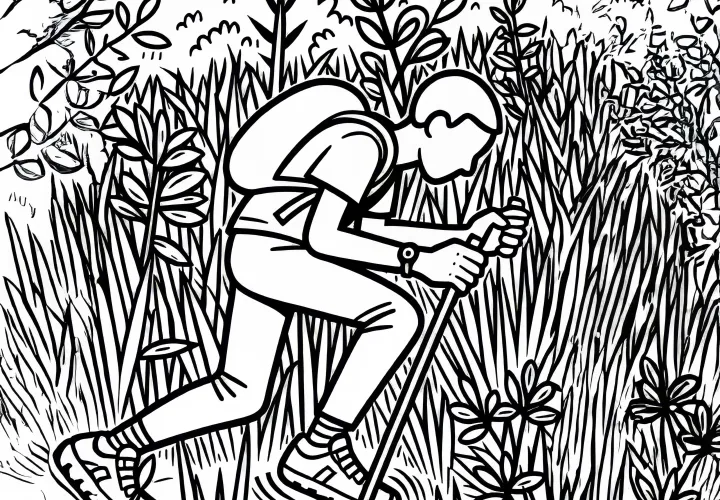 Orienteering runner struggles through tall grass - Free coloring page