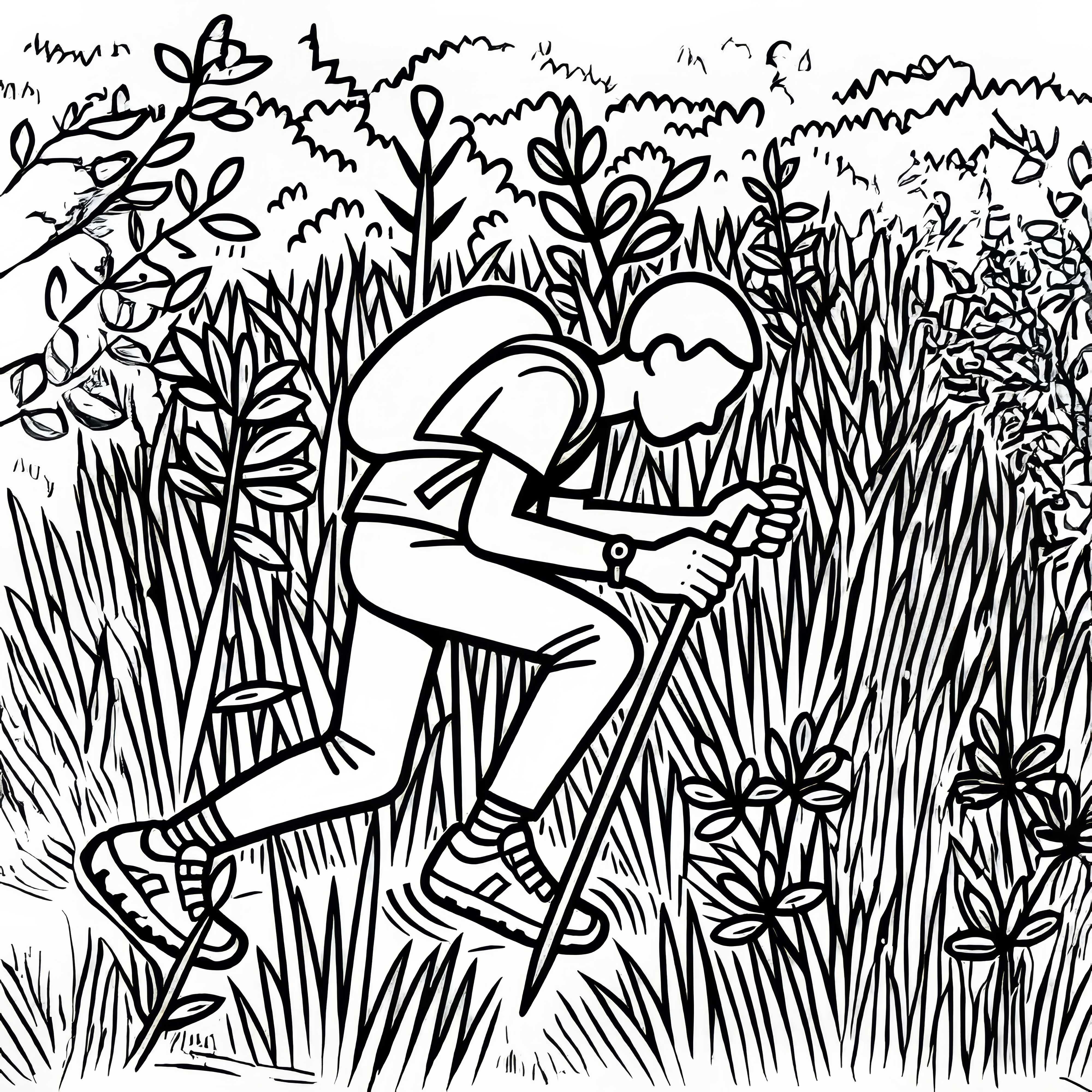 Orienteer struggles through tall grass - Free coloring page