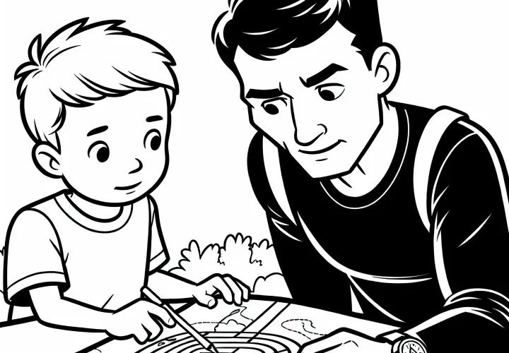 Young orientation runner learns the rules from an experienced athlete - coloring page free of charge
