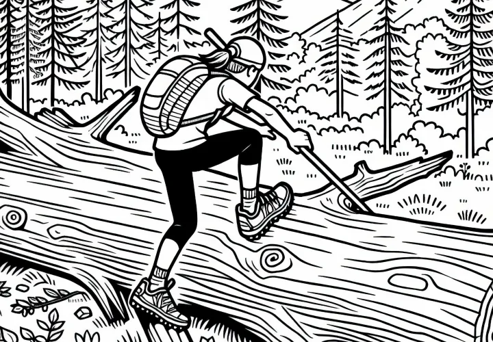 Orientation runner climbs over a fallen tree trunk – free coloring page