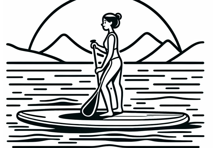 La deportista rema en paddleboarding en un lago tranquilo al amanecer - Descarga gratuita de la plantilla para colorear La deportista rema en paddleboarding en un lago tranquilo al amanecer - Descarga gratuita de la plantilla para colorear