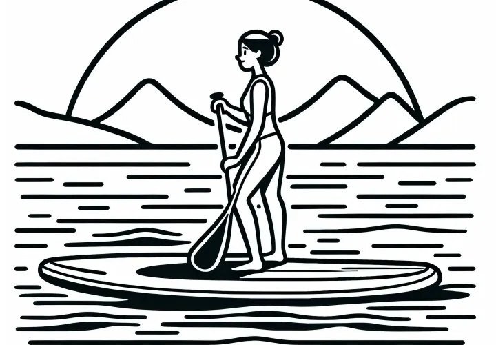 Athlete paddles while paddleboarding on a calm lake at sunrise - free coloring page to download