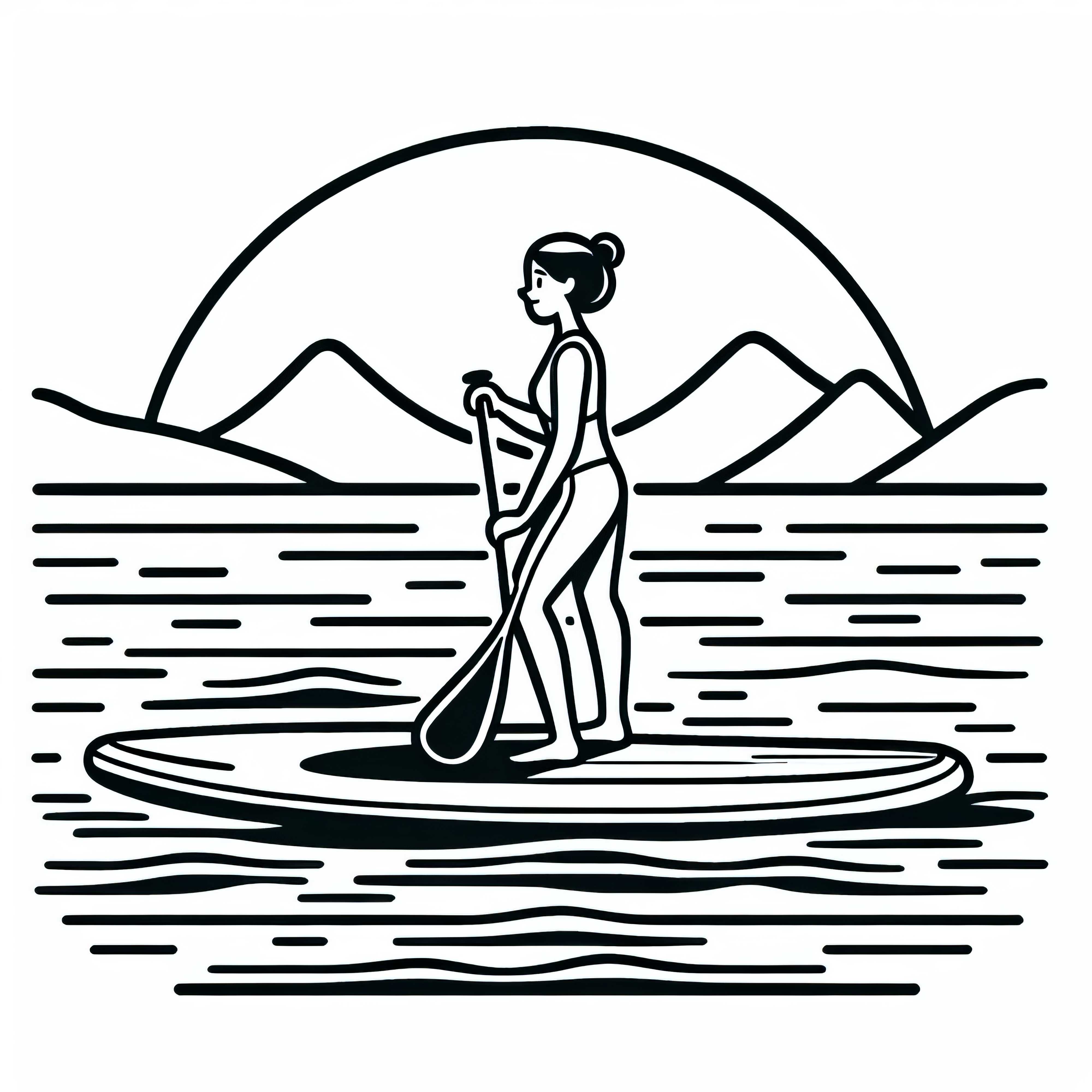 La deportista rema en paddleboarding en un lago tranquilo al amanecer - Plantilla para colorear para descargar gratis