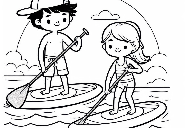 Zwei Paddleboarder gleiten nebeneinander über das Wasser - Malvorlage kostenlos Zwei Paddleboarder gleiten nebeneinander über das Wasser - Malvorlage kostenlos