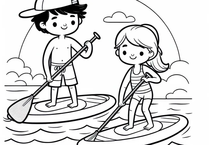 Two paddleboarders glide side by side over the water - free coloring page