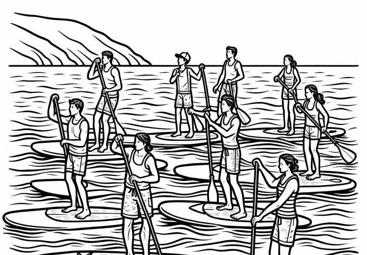 Grupo de paddleboarders navega juntos a lo largo de una costa - Plantilla para colorear gratis Grupo de paddleboarders navega juntos a lo largo de una costa - Plantilla para colorear gratis