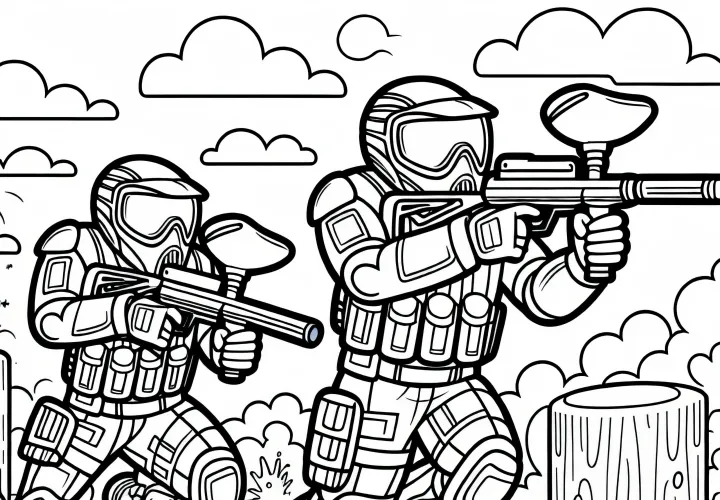 Paintball team storms the playing field - Free coloring page
