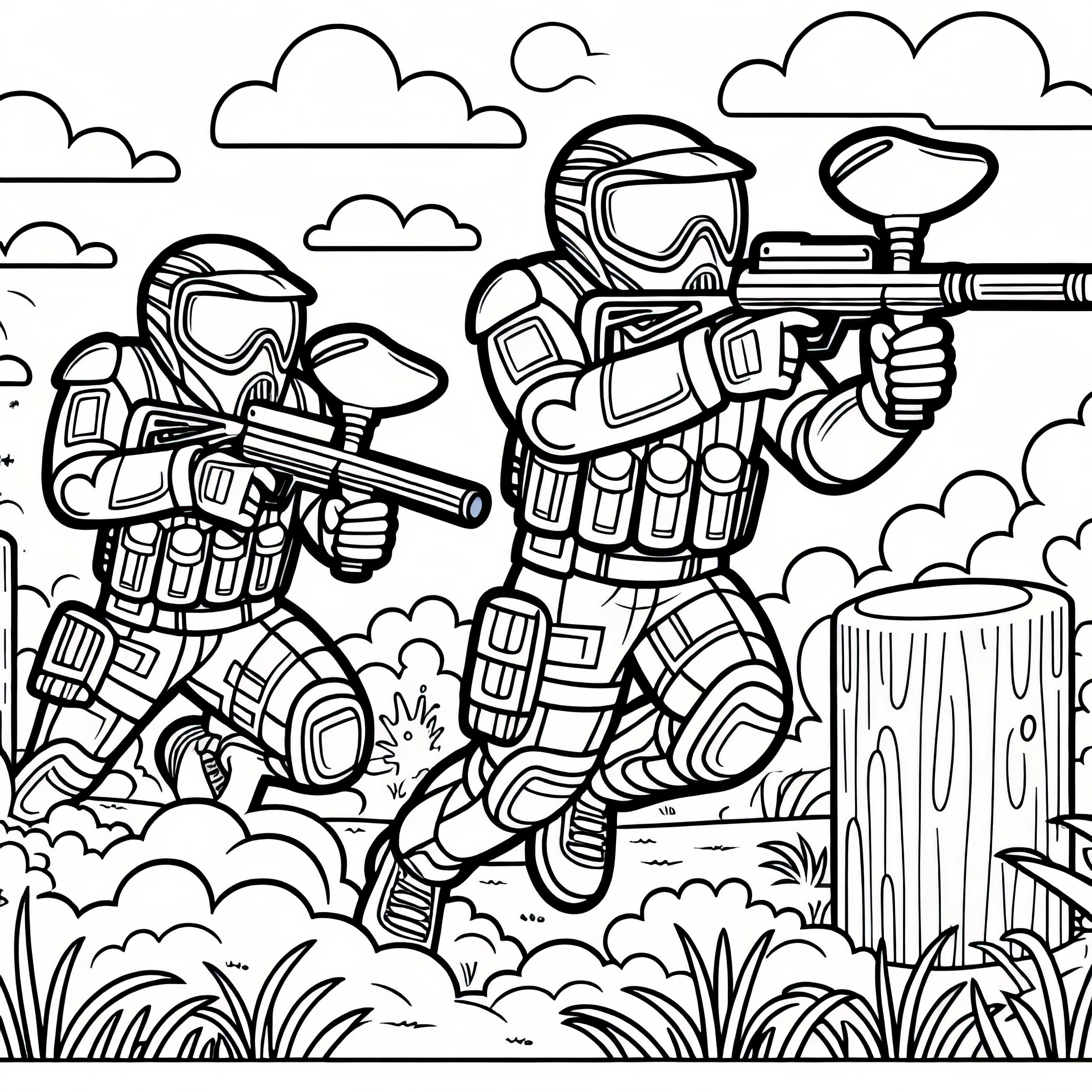 Paintball-Team stürmt Spielfeld – Ausmalbild gratis
