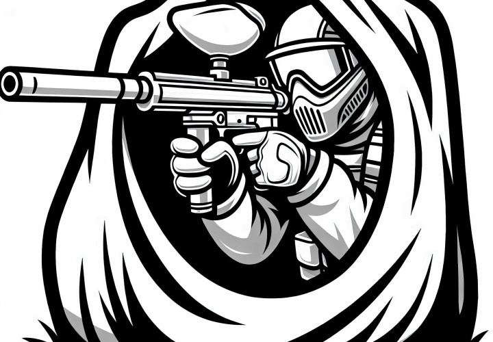 Paintball-Spieler versteckt sich und zielt mit Paintball-Waffe – Ausmalbild kostenlos