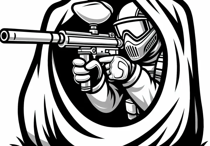 Paintball player hides and aims with paintball gun - free coloring page