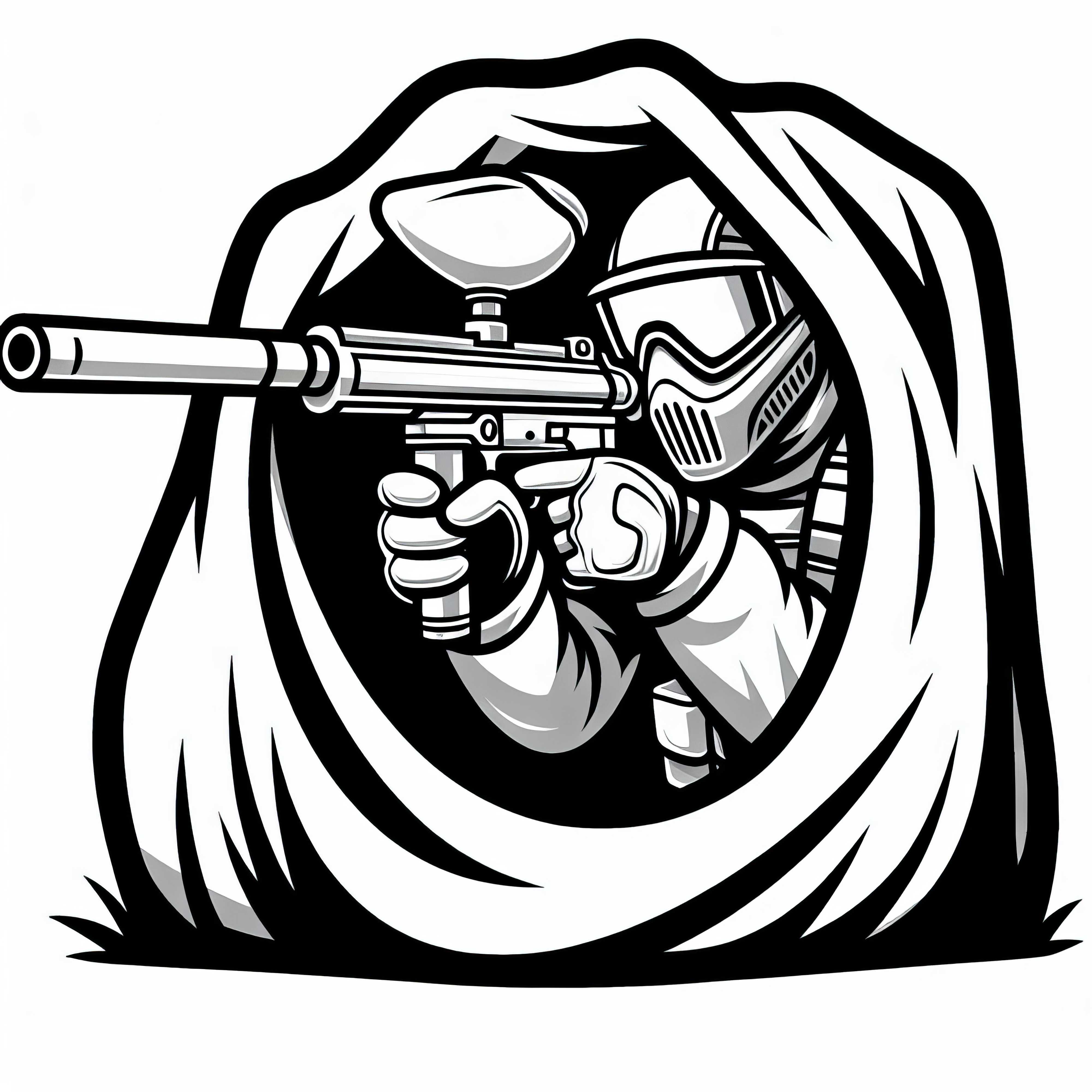 Paintball-Spieler versteckt sich und zielt mit Paintball-Waffe – Ausmalbild kostenlos