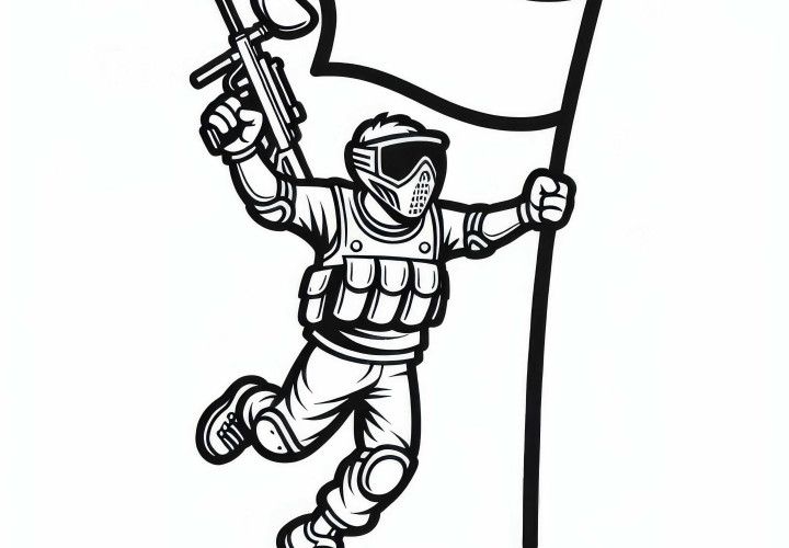Paintballspieler hält Flagge und feiert Sieg – Malvorlage einfach gratis