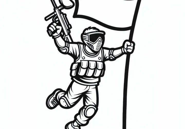 Paintball player holding flag and celebrating victory – Simple free coloring page