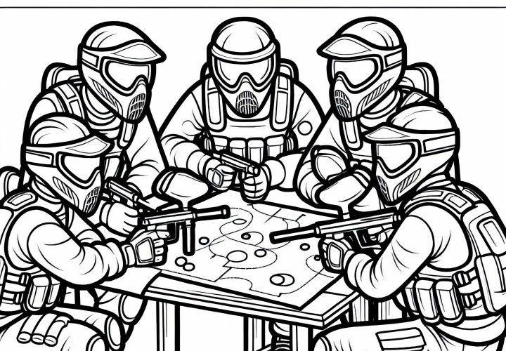 Gruppe Paintball-Spieler plant Strategie vor dem Match - Malvorlage gratis