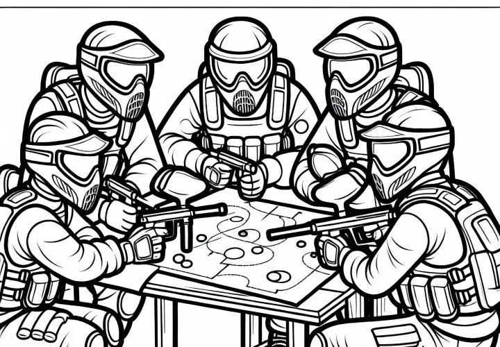 Group of paintball players planning strategy before the match - free coloring template