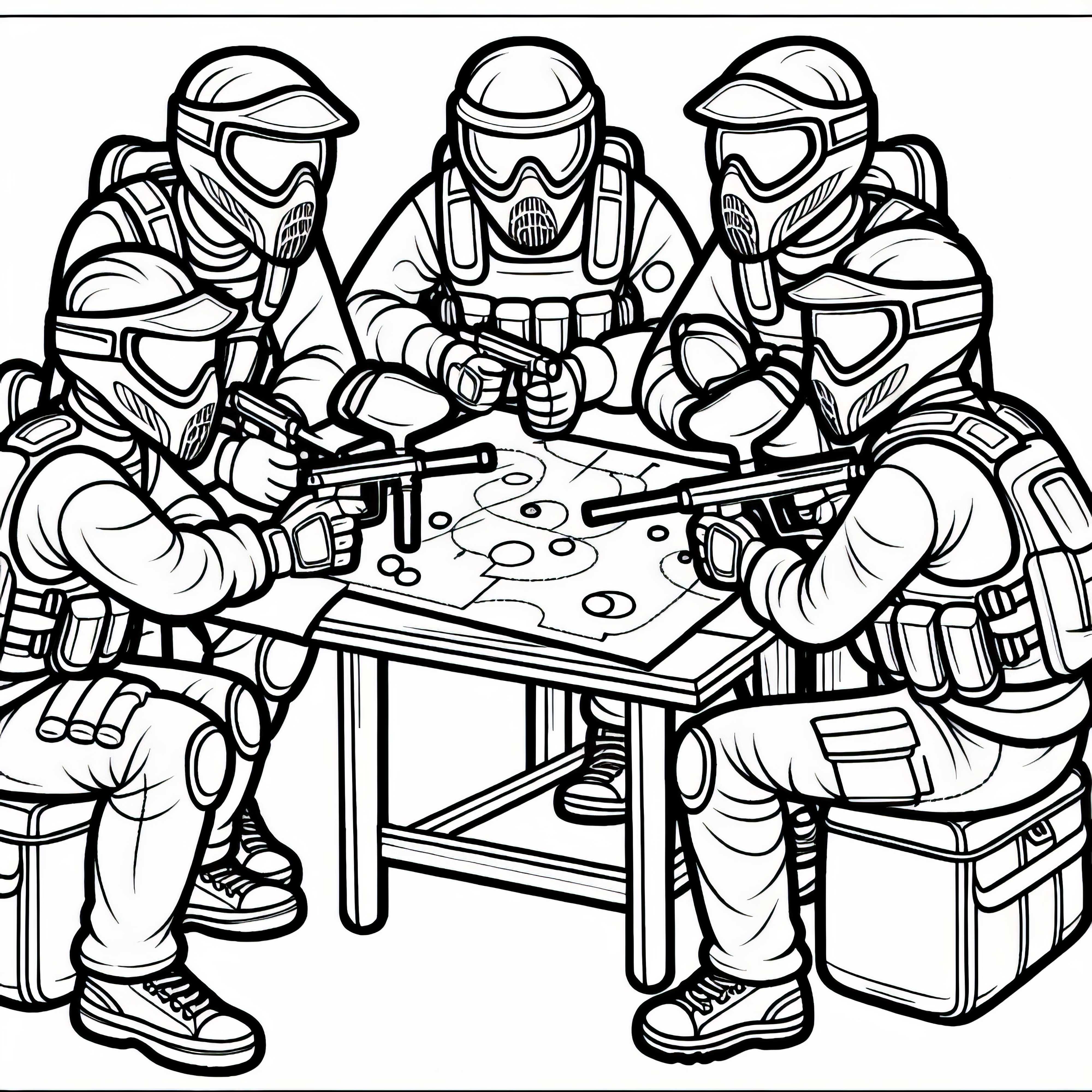 Gruppe Paintball-Spieler plant Strategie vor dem Match - Malvorlage gratis
