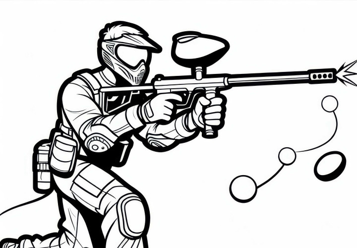 Paintball-Spieler rennt durch Gelände – Ausmalbild Kostenlos