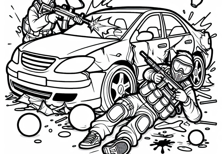 Paintballspieler versteckt sich hinter Autowrack – Ausmalbild gratis