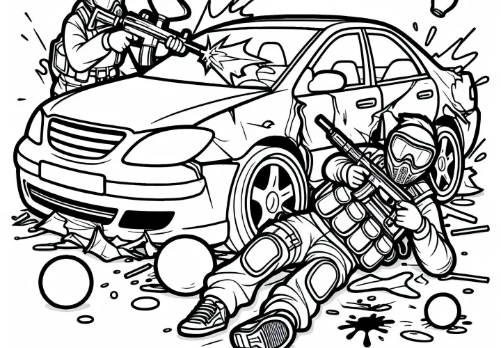 Paintball player hides behind car wreck – free coloring page