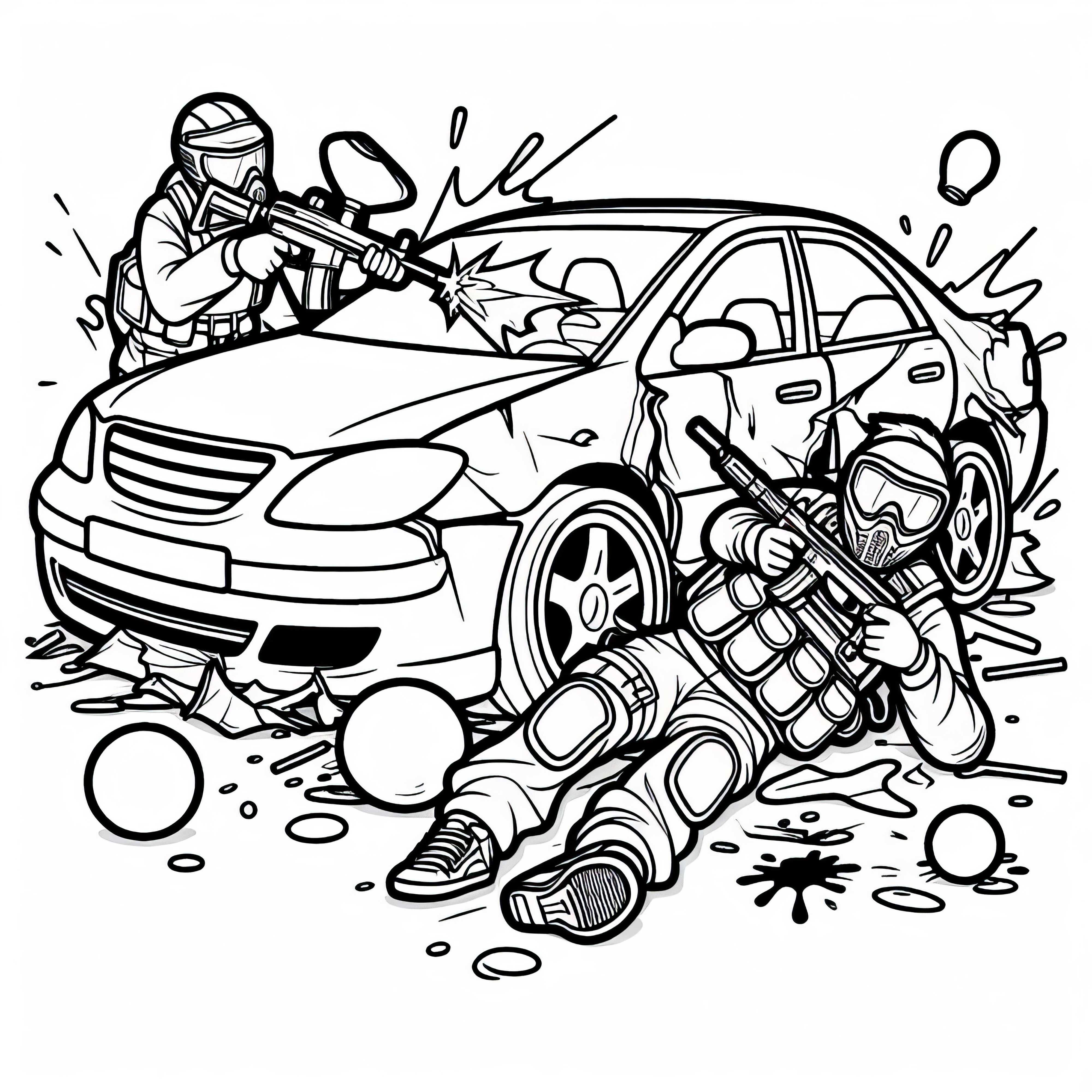 Paintballspieler versteckt sich hinter Autowrack – Ausmalbild gratis