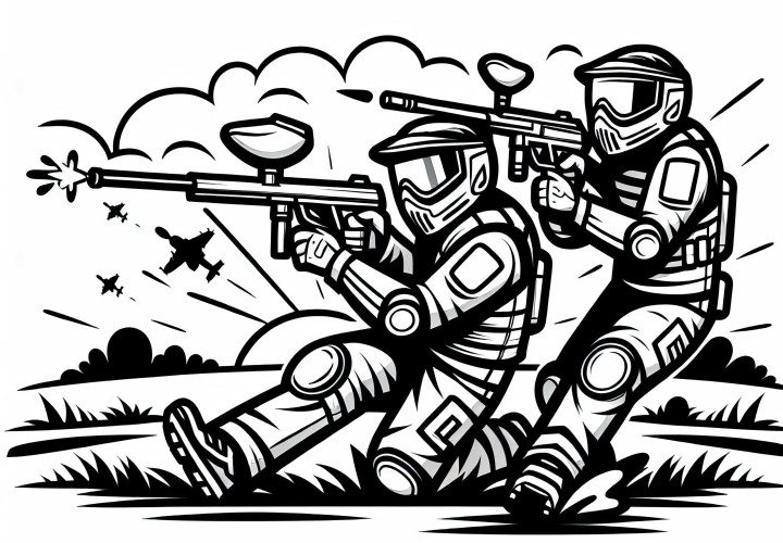 Paintball Spieler liefern sich ein Duell auf offenem Feld – Ausmalbild kostenlos