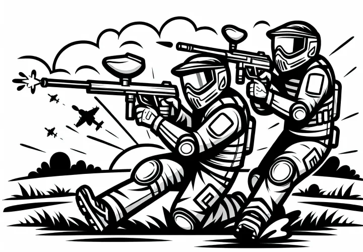 Paintball players engage in a duel in an open field – Free coloring page