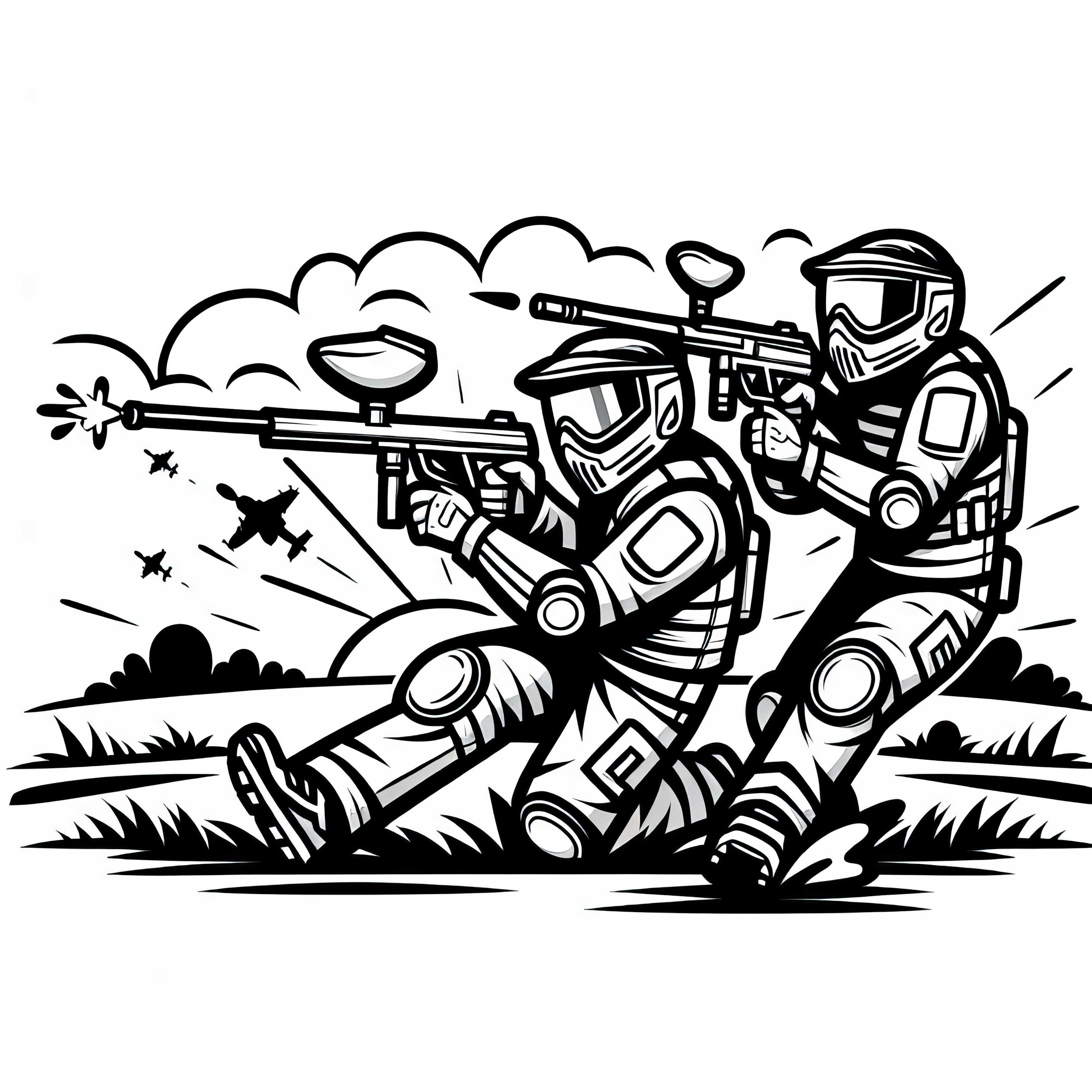 Paintball Spieler liefern sich ein Duell auf offenem Feld – Ausmalbild kostenlos