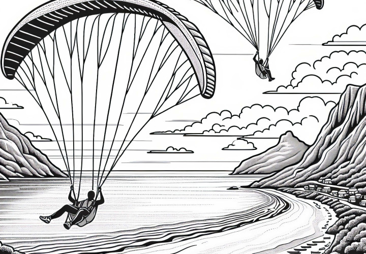 Dois parapentes deslizam sobre uma paisagem costeira - Desenho para colorir gratuito