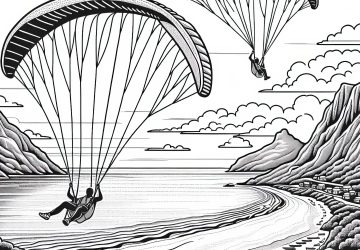Two Paragliders Gliding Over Coastal Landscape - Free Coloring Page