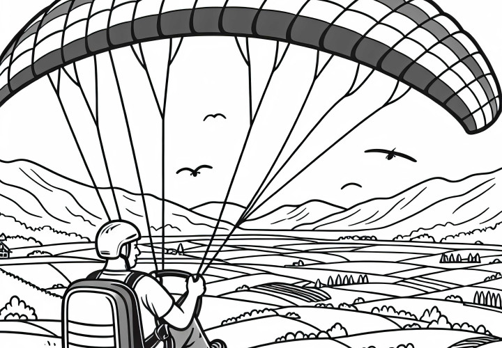 Piloto controla paraglider sobre um vasto vale – Desenho para colorir gratuito Piloto controla o parapente sobre um amplo vale – Desenho para colorir gratuito