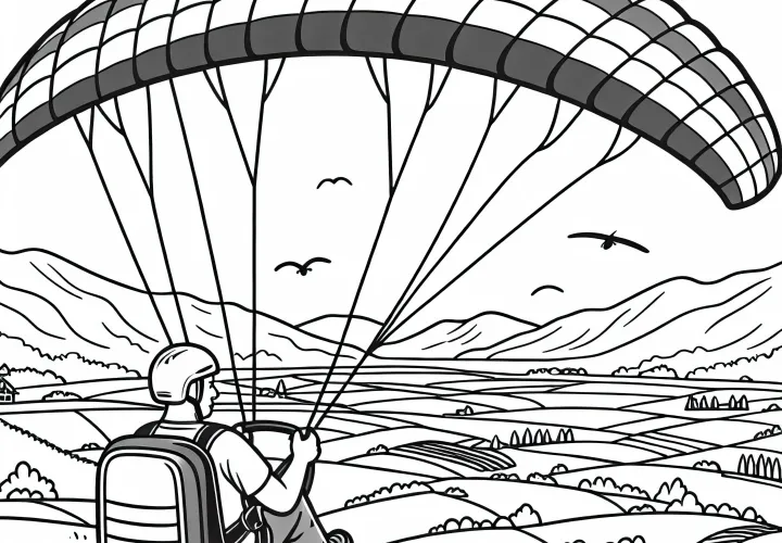 Pilot controls paraglider over wide valley – Free coloring page