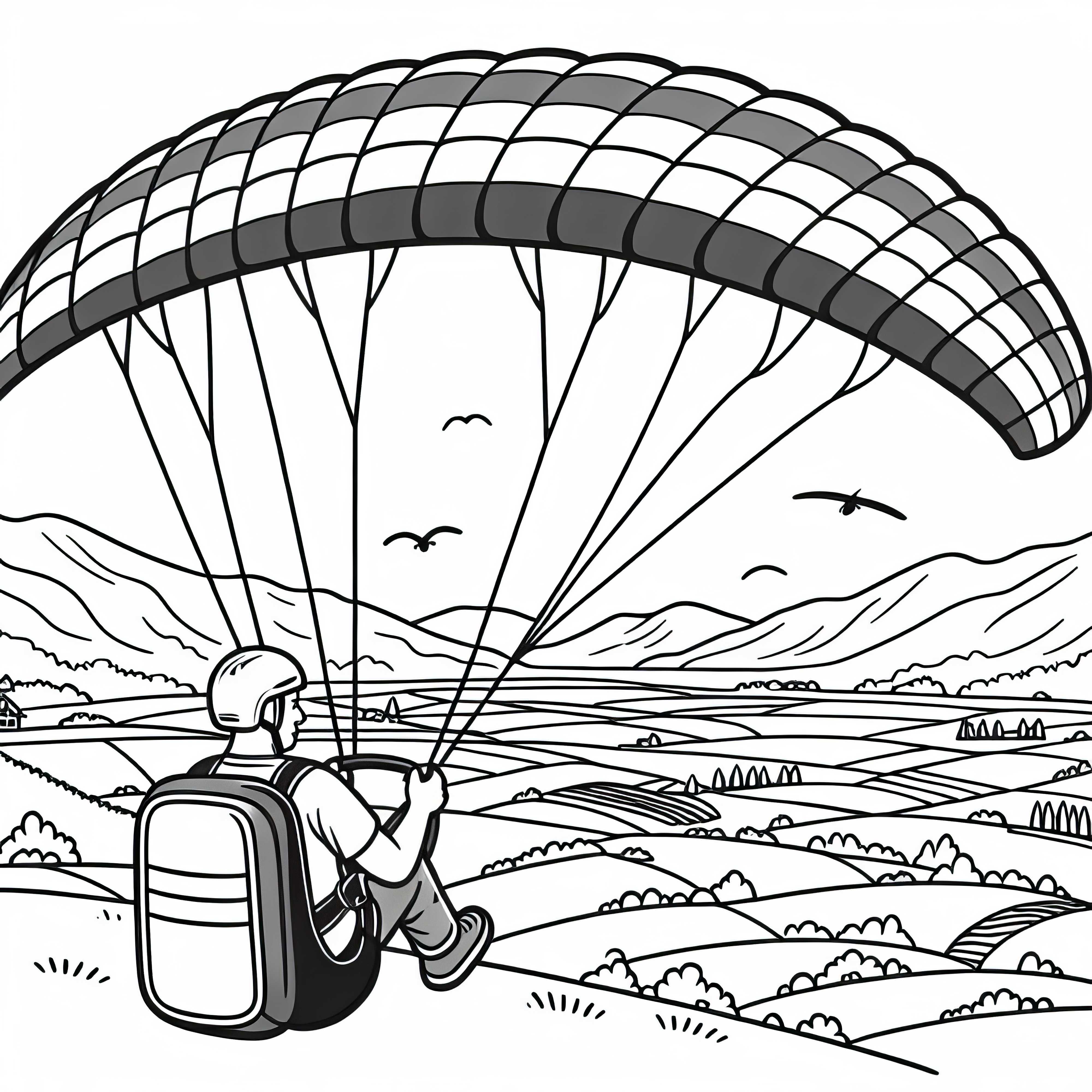 Piloto controla paragliders sobre um amplo vale - Imagem para colorir grátis