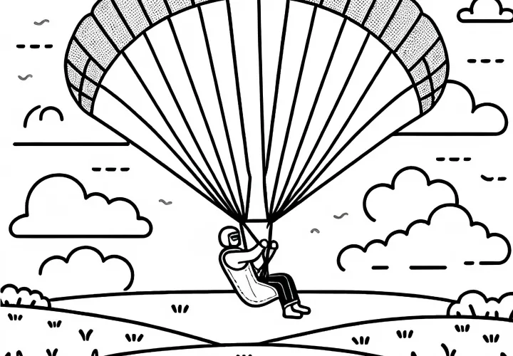 Paraglider lands softly on meadow - free coloring page