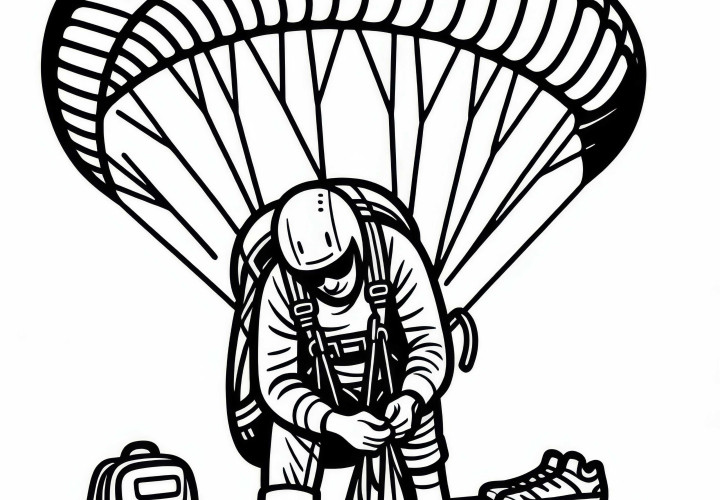 Piloto de parapente verifica equipamento antes da decolagem – Desenho para colorir grátis