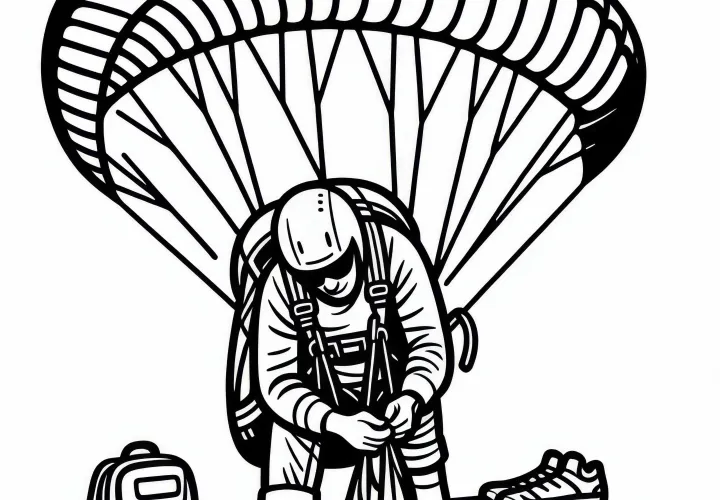 Paragliding athlete checks equipment before takeoff – Free coloring page