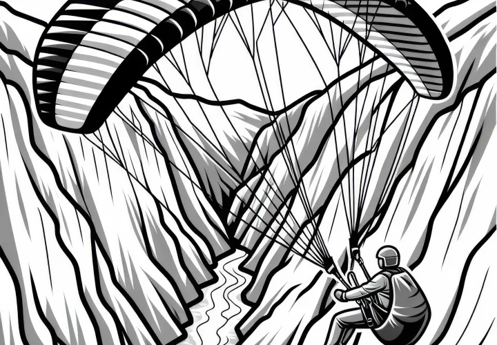Pilot steers paraglider through narrow gorge – free coloring page