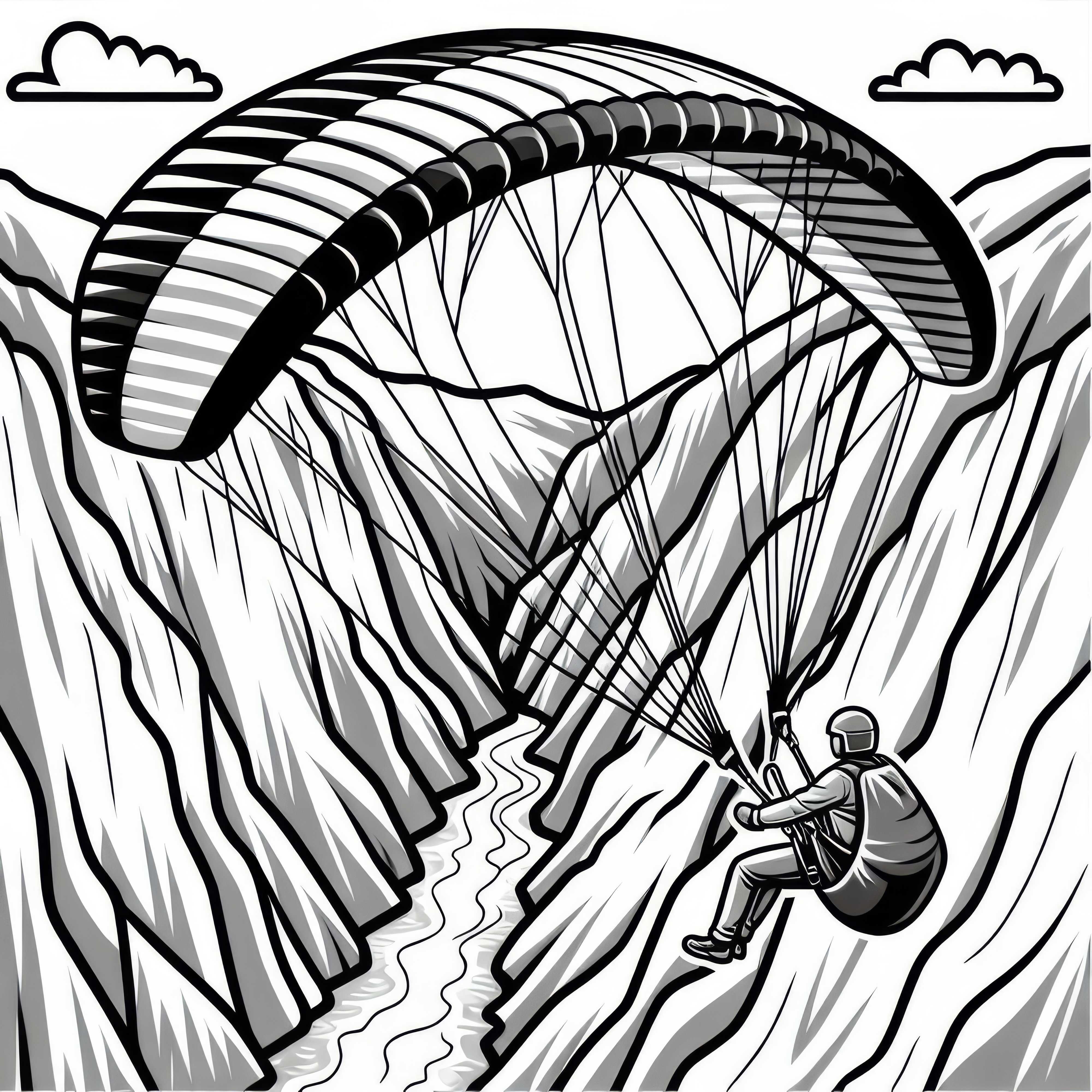 Piloto guia o parapente por um desfiladeiro estreito - Modelo para colorir grátis