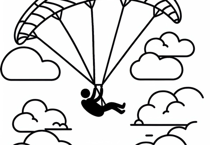 Parapente atravessa formação de nuvens - Modelo de pintura simples grátis