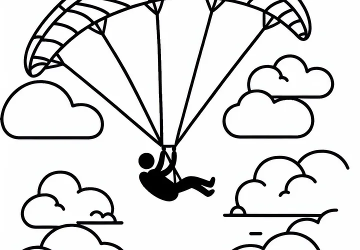 Paraglider flies through cloud formation - coloring page simple free
