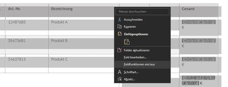 Feldfunktionen in Word einblenden und ausblenden