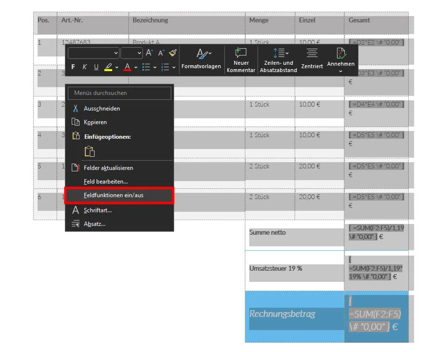 Alles markieren und Feldfunktionen einblenden in Word