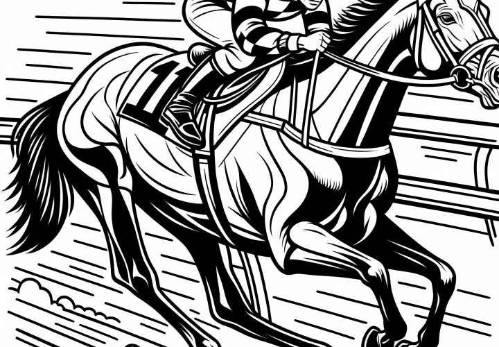Jinete monta a toda velocidad en la pista durante la carrera de caballos - Imagen para colorear gratuita El jinete monta a toda velocidad en la pista durante la carrera de caballos - Imagen para colorear gratis