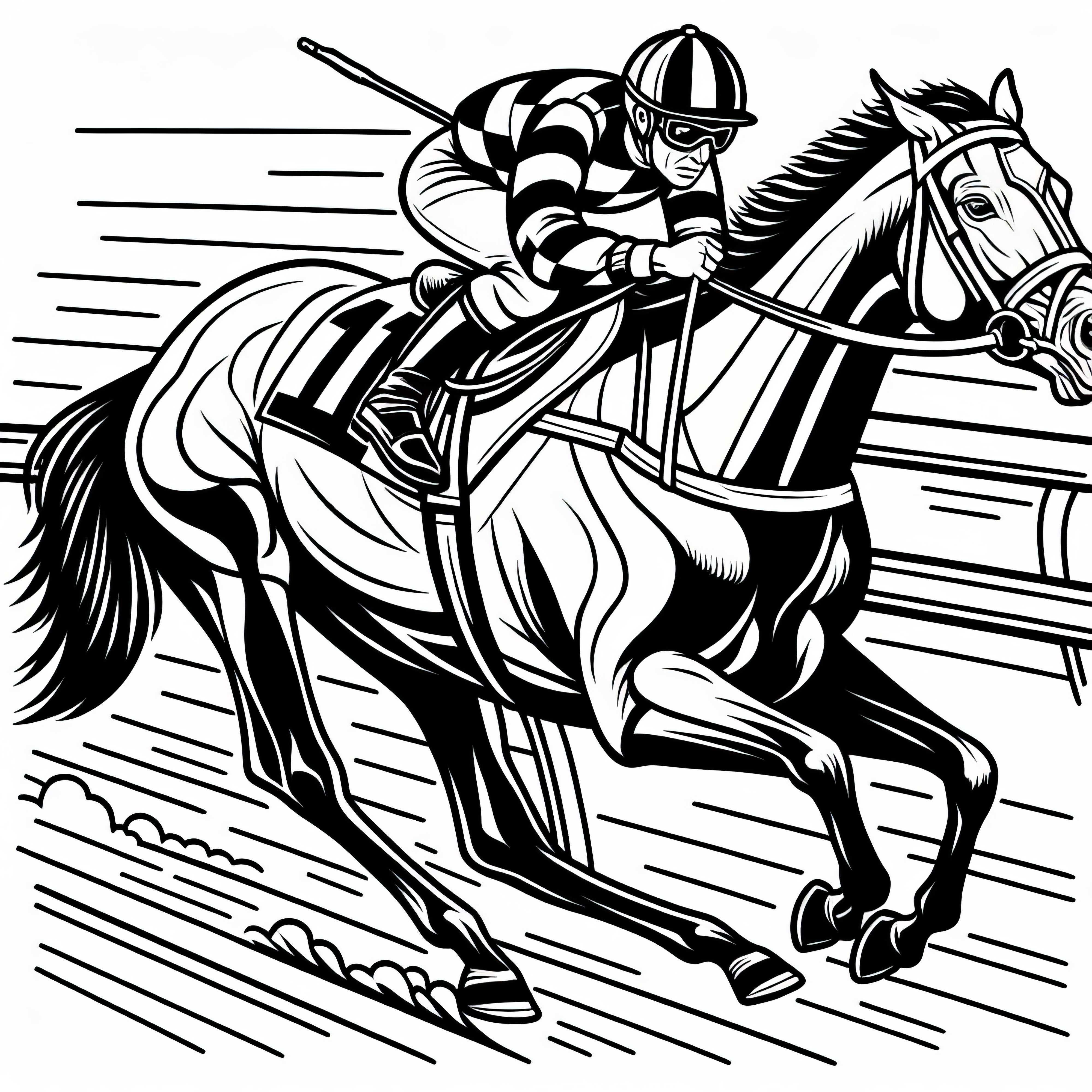 El jockey monta a toda velocidad en la pista durante la carrera de caballos - Dibujo para colorear gratuito
