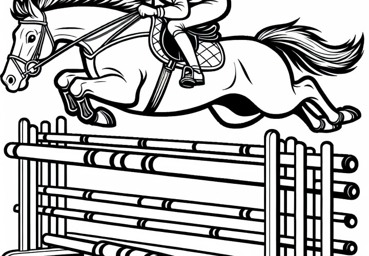 Caballo y jinete saltan obstáculos en la carrera de caballos - Plantilla para colorear gratuita Caballo y jinete saltan sobre el obstáculo en la carrera de caballos - Plantilla para colorear gratuita