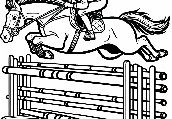 Horse and rider jump over hurdles in horse racing - Free coloring page