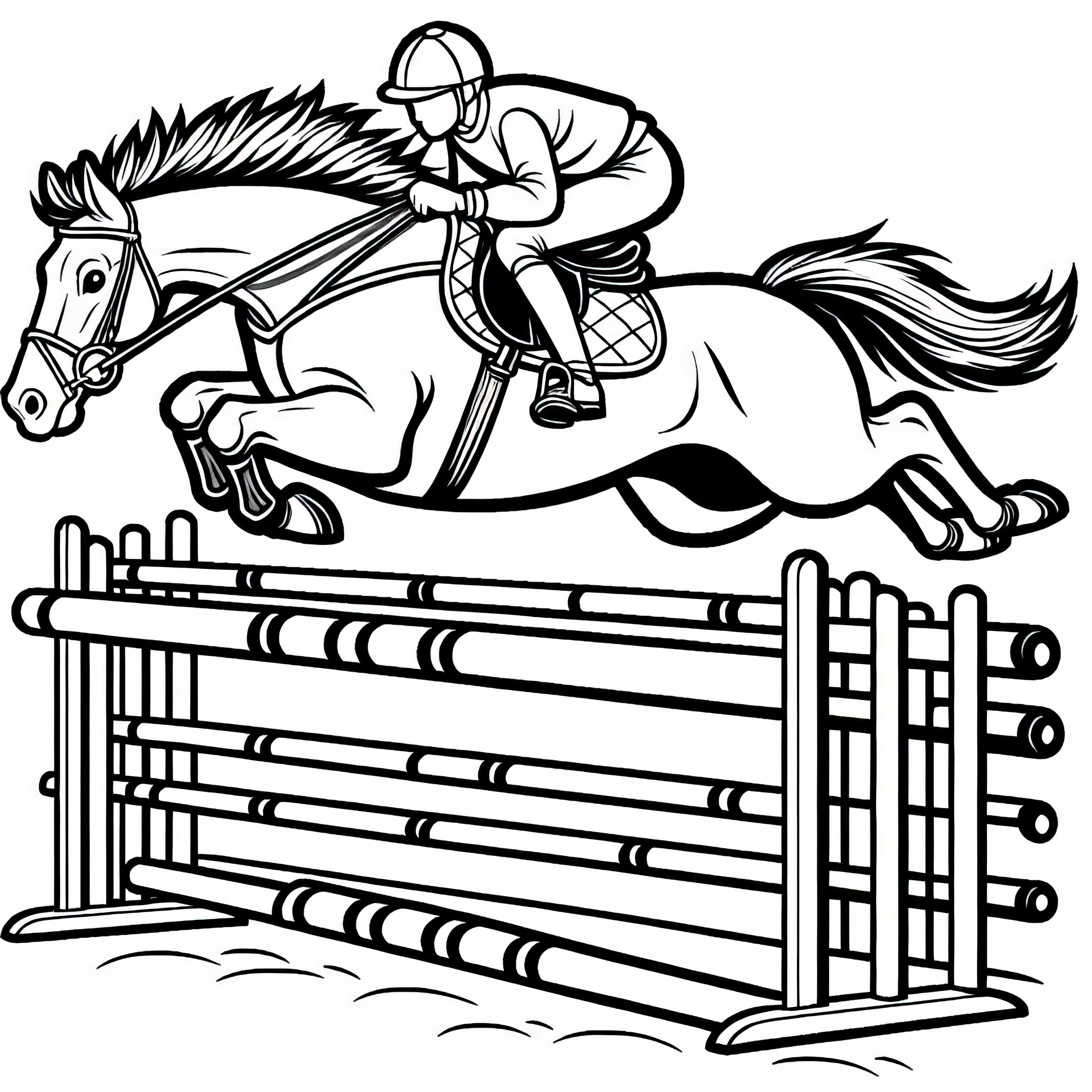 Caballo y jinete saltan sobre un obstáculo en la carrera de caballos - Plantilla para colorear gratuita